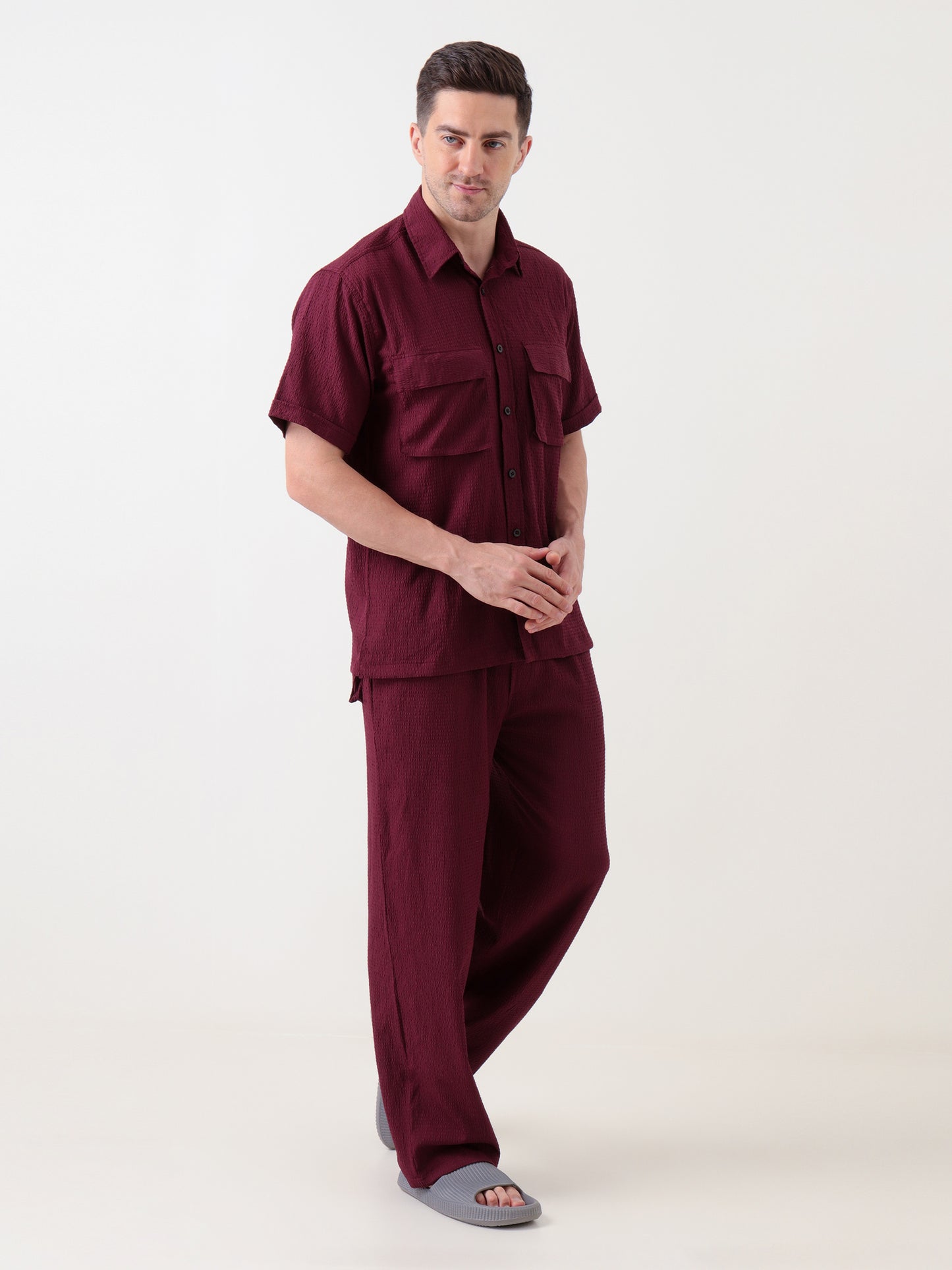 Men's Brown Textured Co-ord Set – Shirt & Trousers