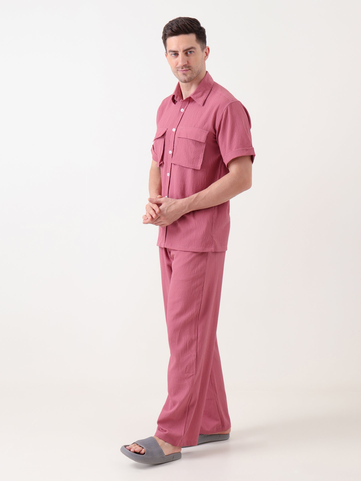 Men's Textured Coord Set in Dusty Rose – Short Sleeve Shirt & Trouser