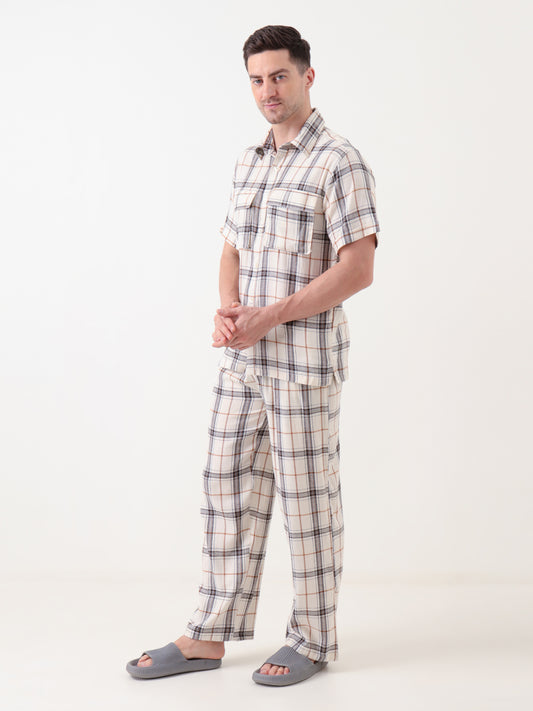 Men's Beige & Brown Checked Co-ord Set – Short Sleeve Shirt & Relaxed Trousers