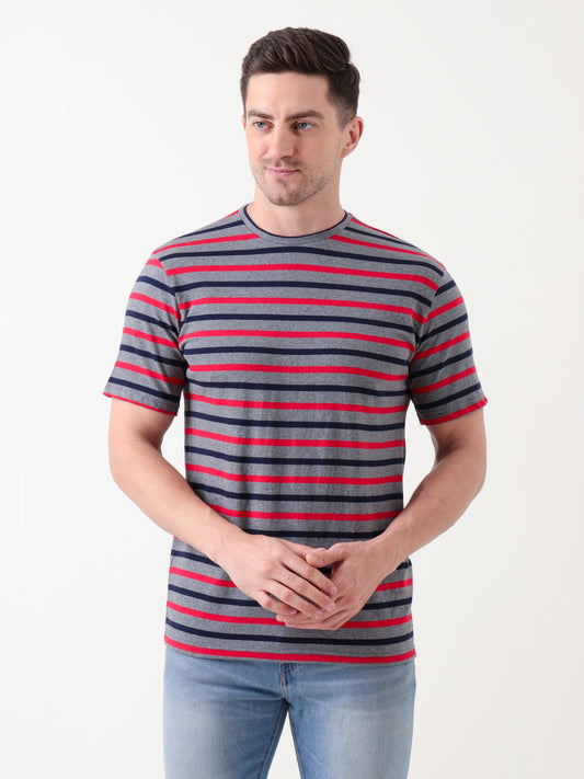 Men's Grey Striped Cotton T-Shirt – Casual Crew Neck Tee