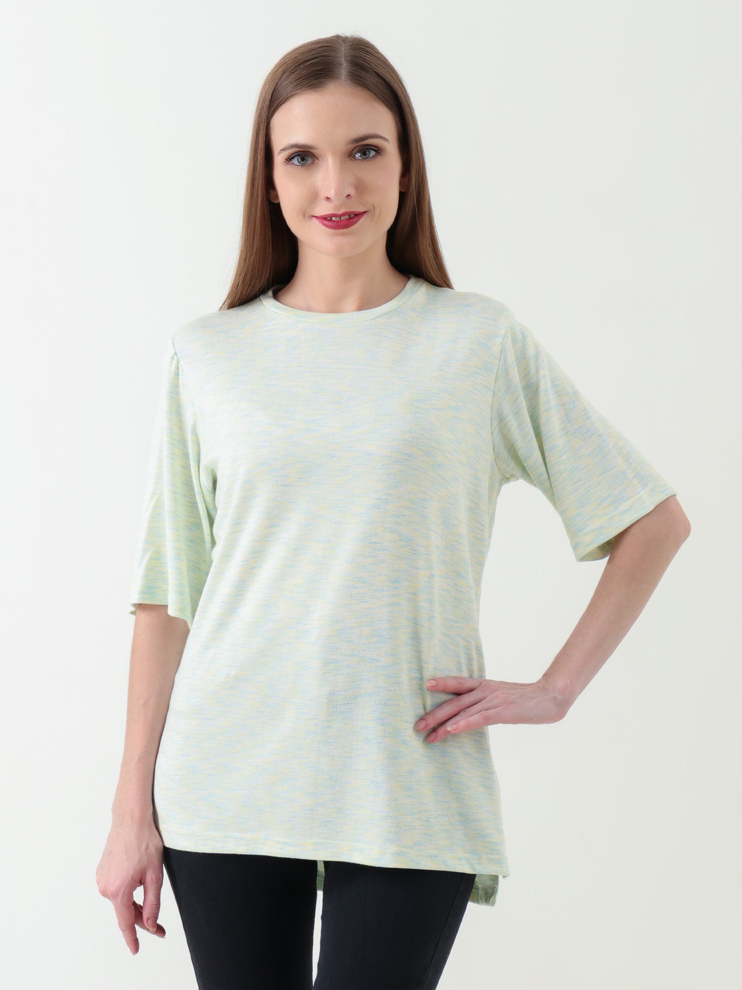 Women's Pastel Yellow-Blue Extended Back T-Shirt