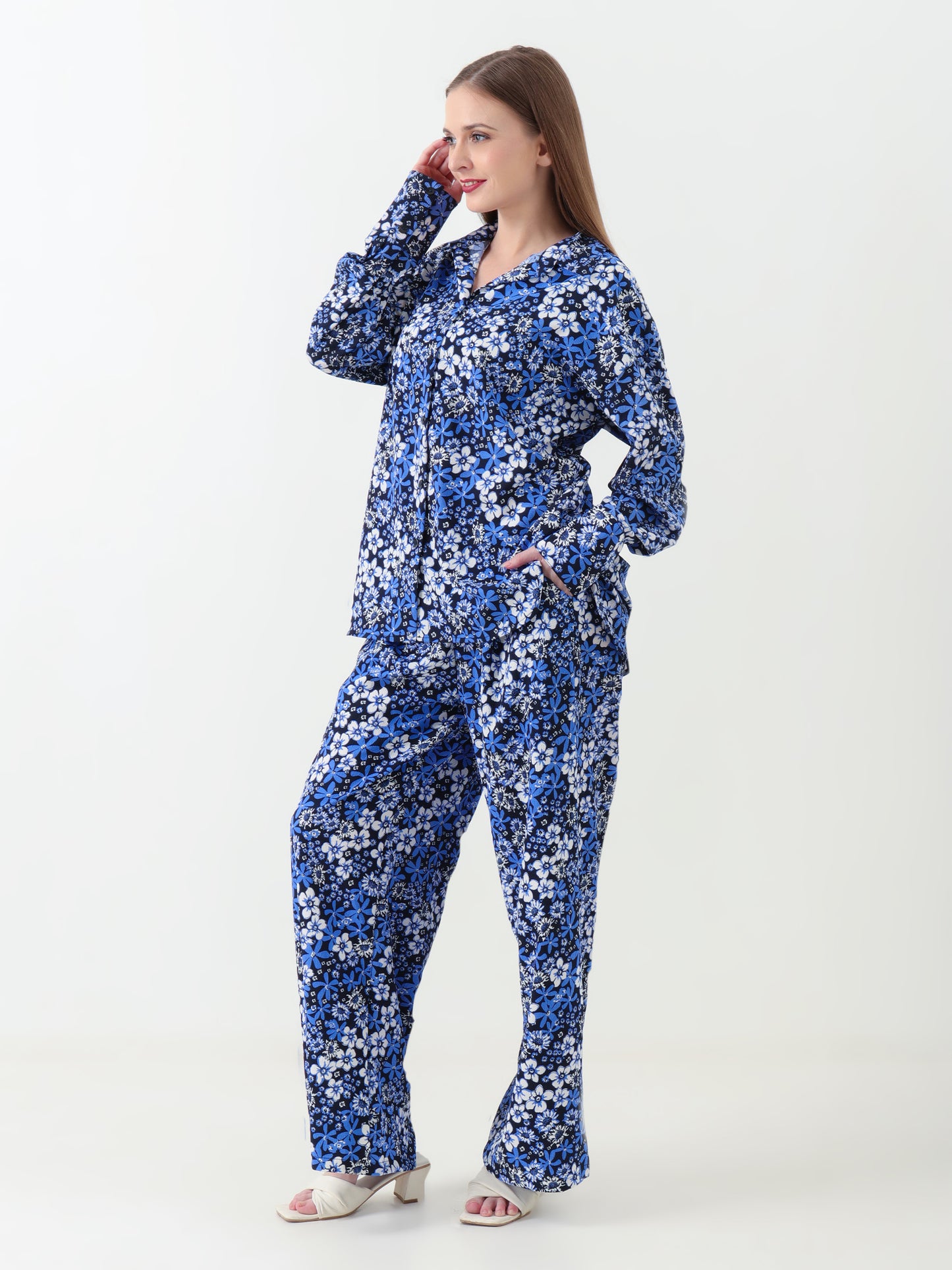 Women Coord Set Floral Royal Blue
