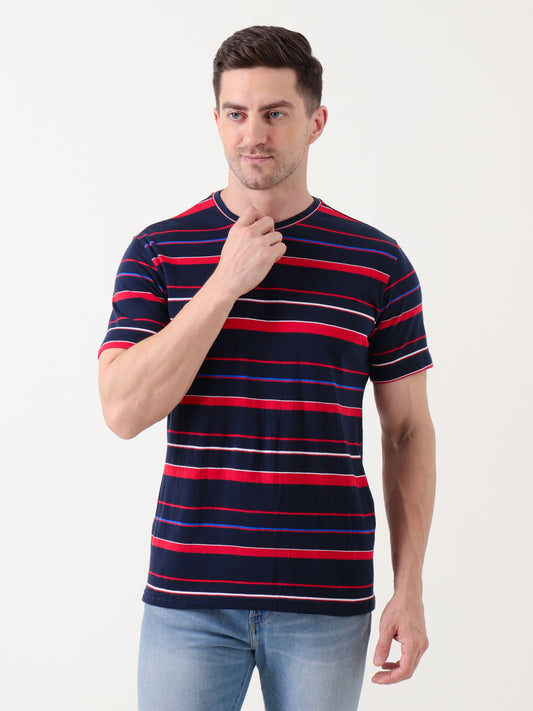 Men's Navy Blue & Red Striped Cotton T-Shirt – Casual Regular Fit
