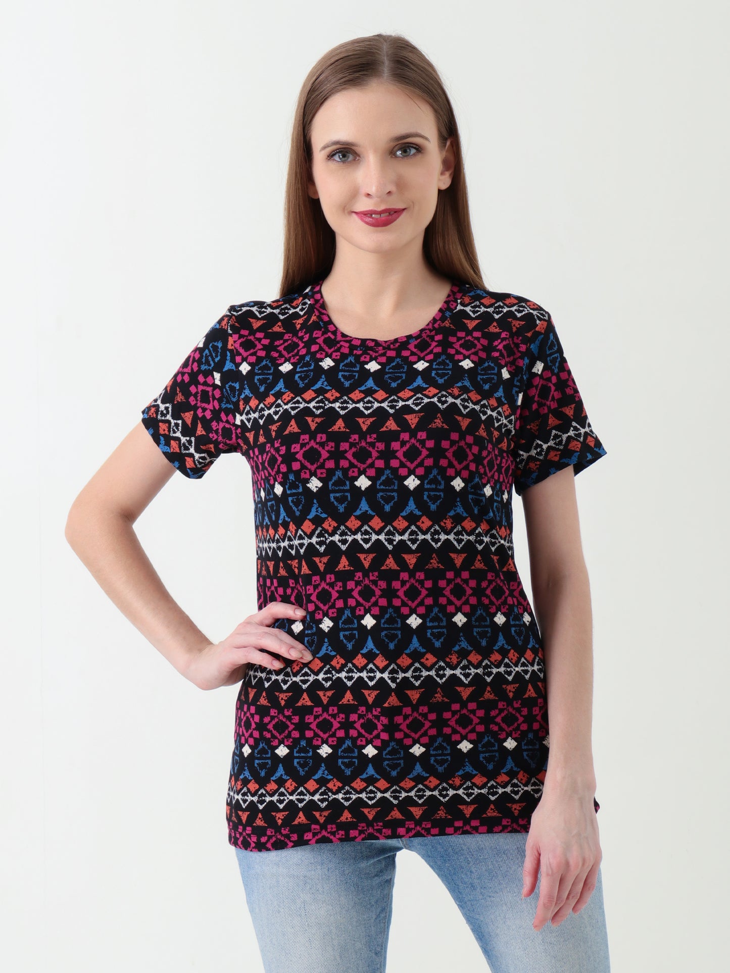 Women's Multicolor Tribal Print T-Shirt – Stretchy & Comfortable