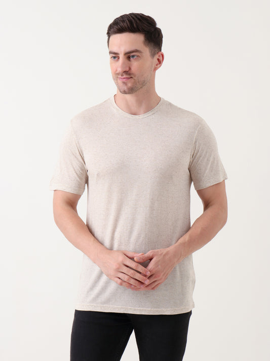 Men's Beige Heathered Cotton T-Shirt – Classic Crew Neck | Everyday Essential