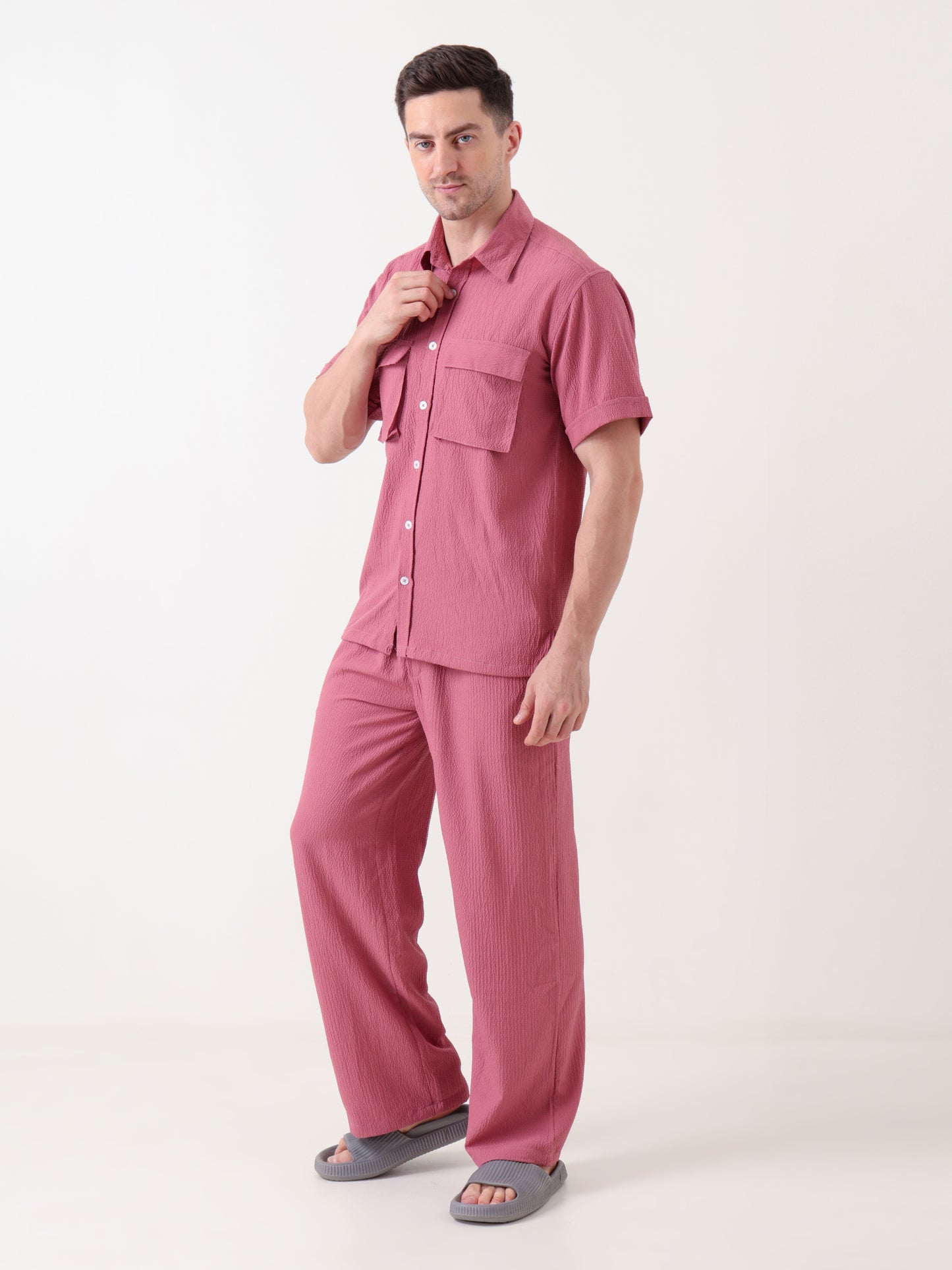 Men's Textured Coord Set in Dusty Rose – Short Sleeve Shirt & Trouser