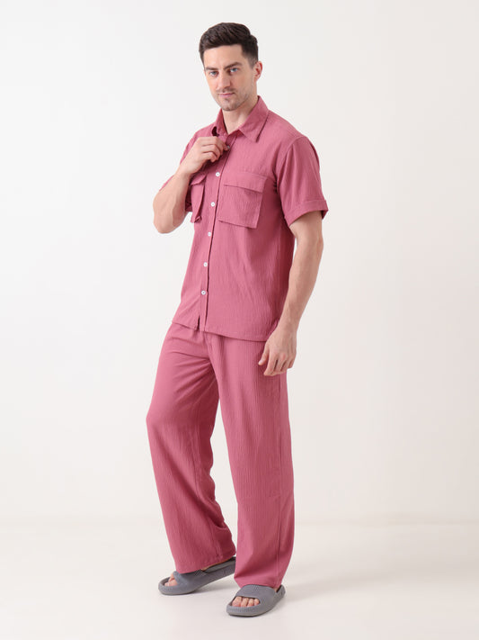Men's Textured Coord Set in Dusty Rose – Short Sleeve Shirt & Trouser