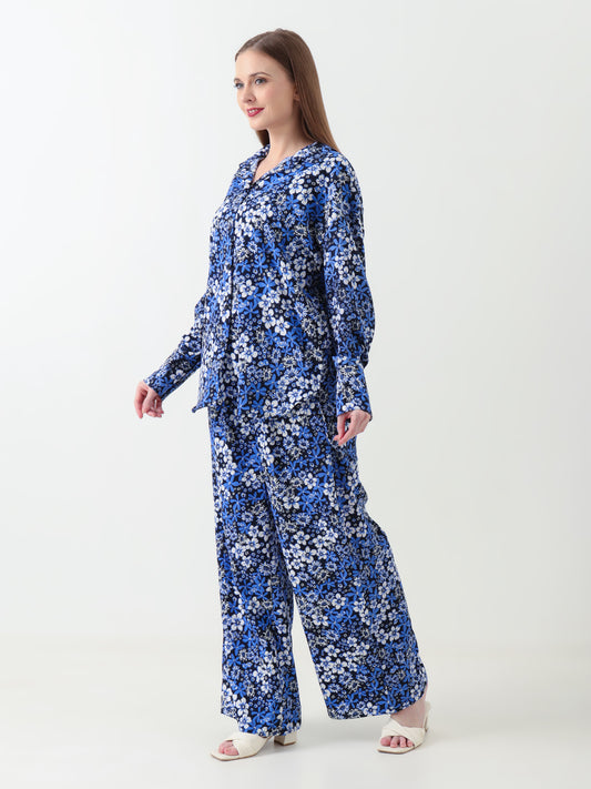 Women Coord Set Floral Royal Blue
