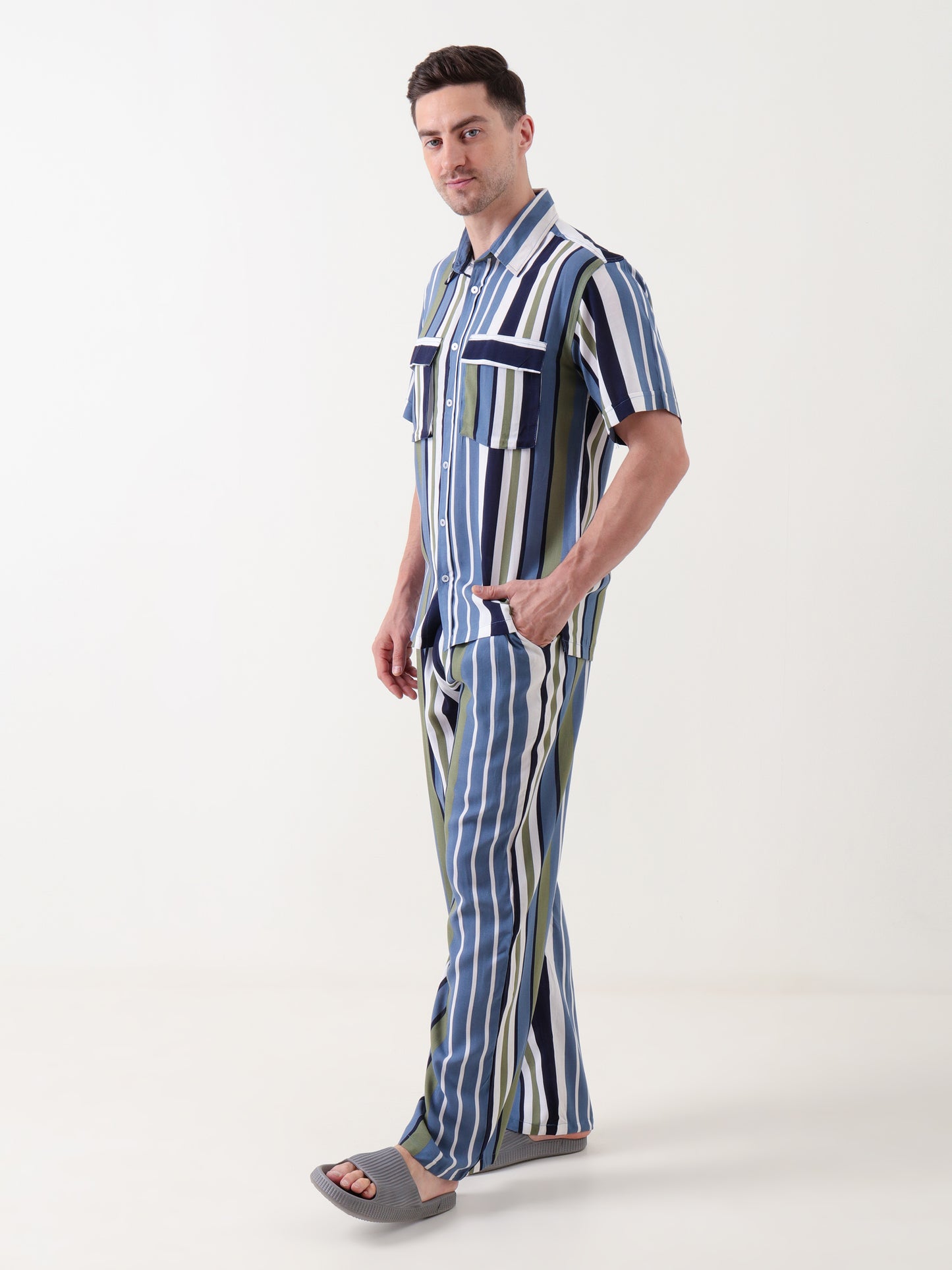Men’s Striped Co-ord Set – Casual Button-Down Shirt & Relaxed Trousers (Navy, Olive & White)