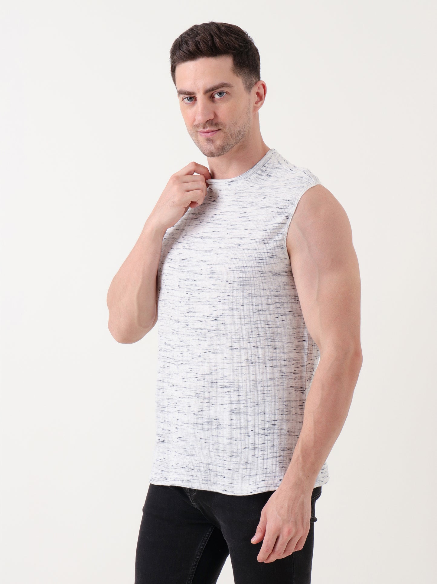 Men's Sleeveless White & Black Speckled Tank Top – Soft Knit Texture, Casual Fit