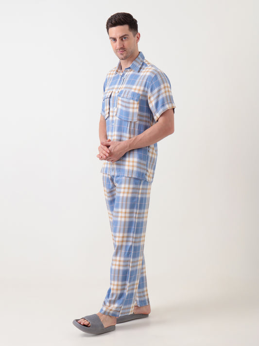 Men's Blue & Beige Checked Co-ord Set – Short Sleeve Shirt & Trouser