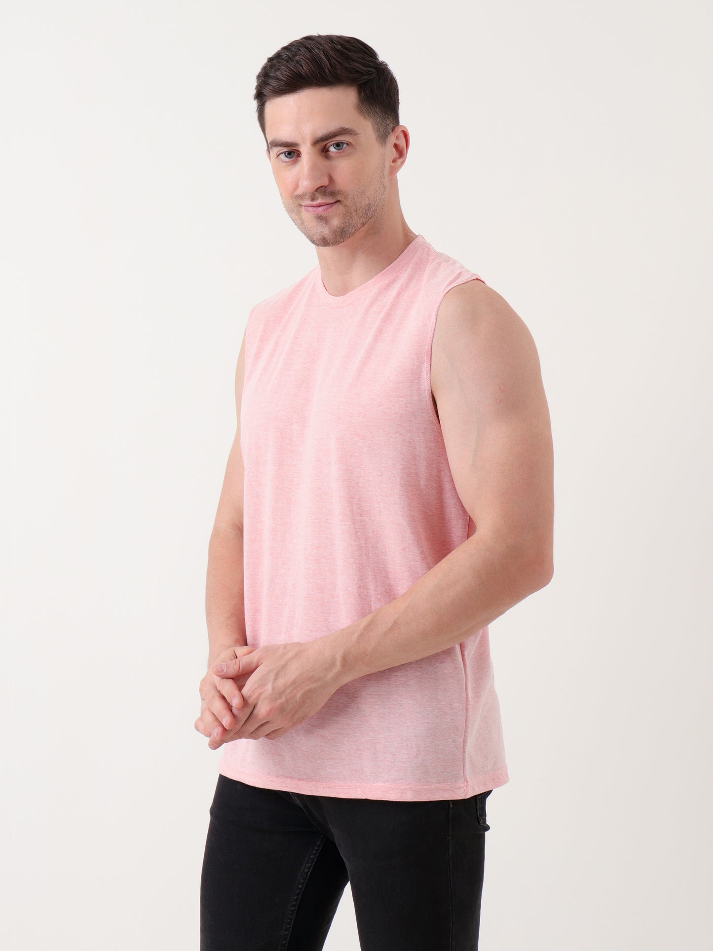 Men's Sleeveless Light Pink Tank Top – Soft Cotton Blend, Casual Fit