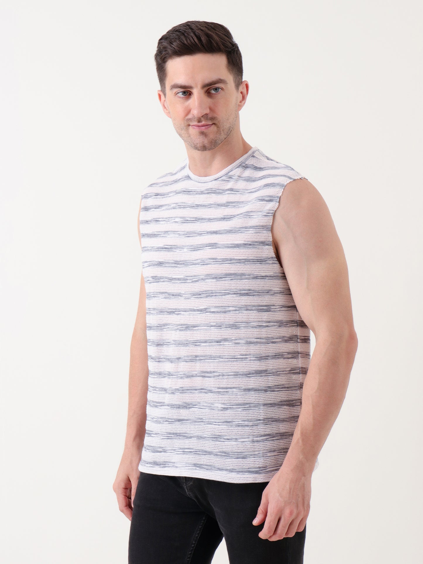 Men's Sleeveless White & Grey Striped Mesh Tank Top – Lightweight & Breathable