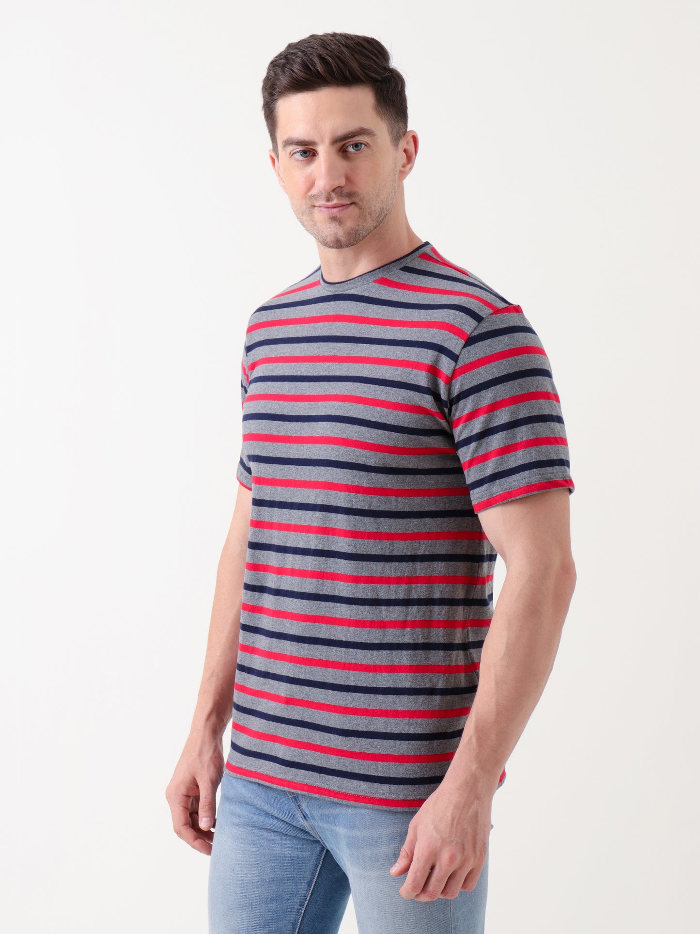 Men's Grey Striped Cotton T-Shirt – Casual Crew Neck Tee