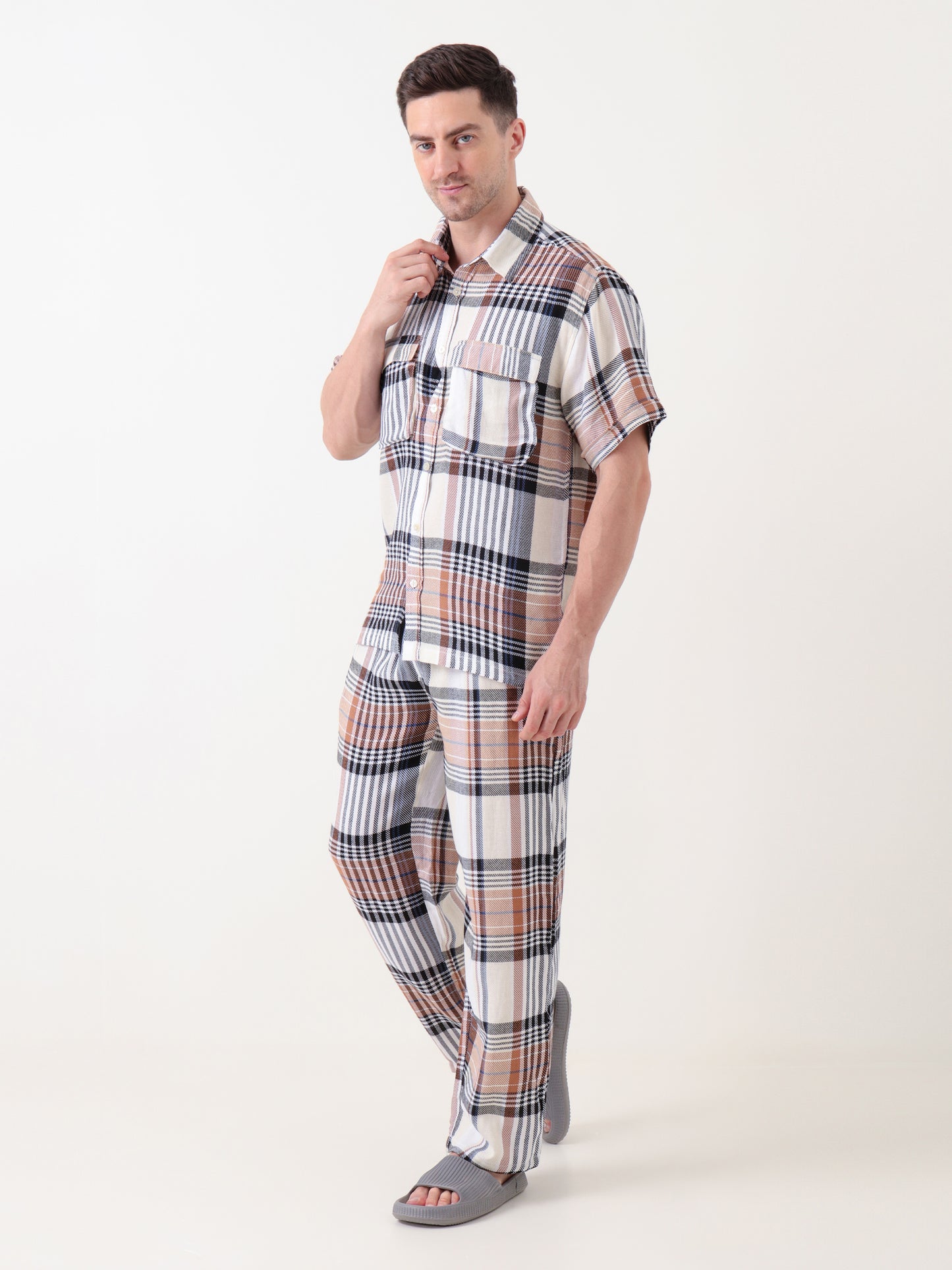 Men’s Rust, Black & Cream Plaid Co-ord Set – Short Sleeve Shirt & Trouser