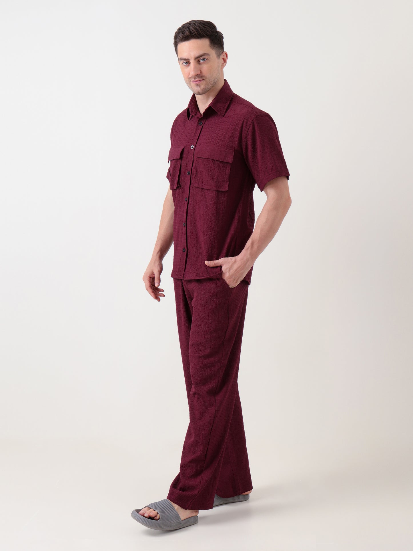 Men's Brown Textured Co-ord Set – Shirt & Trousers