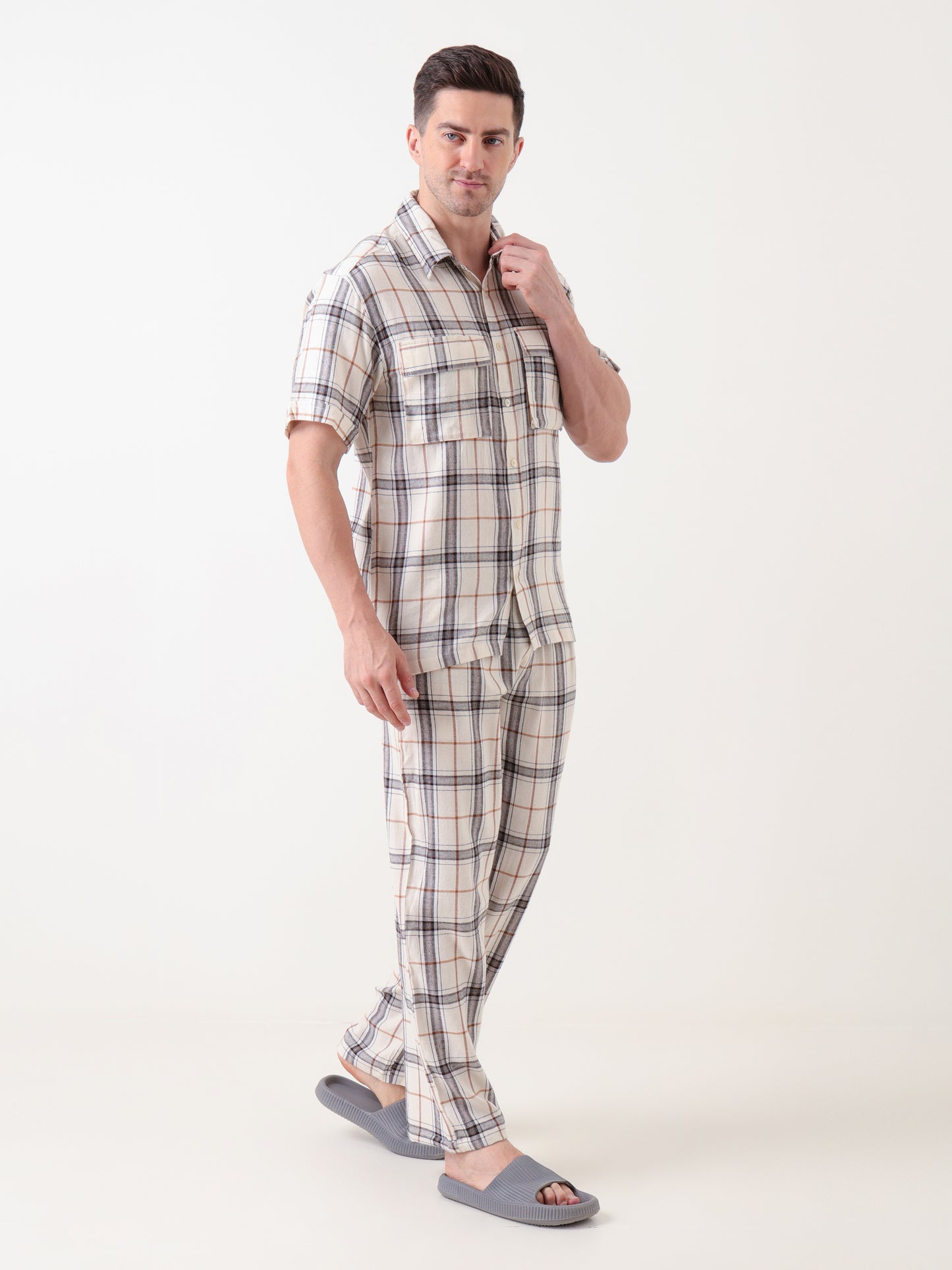 Men's Beige & Brown Checked Co-ord Set – Short Sleeve Shirt & Relaxed Trousers