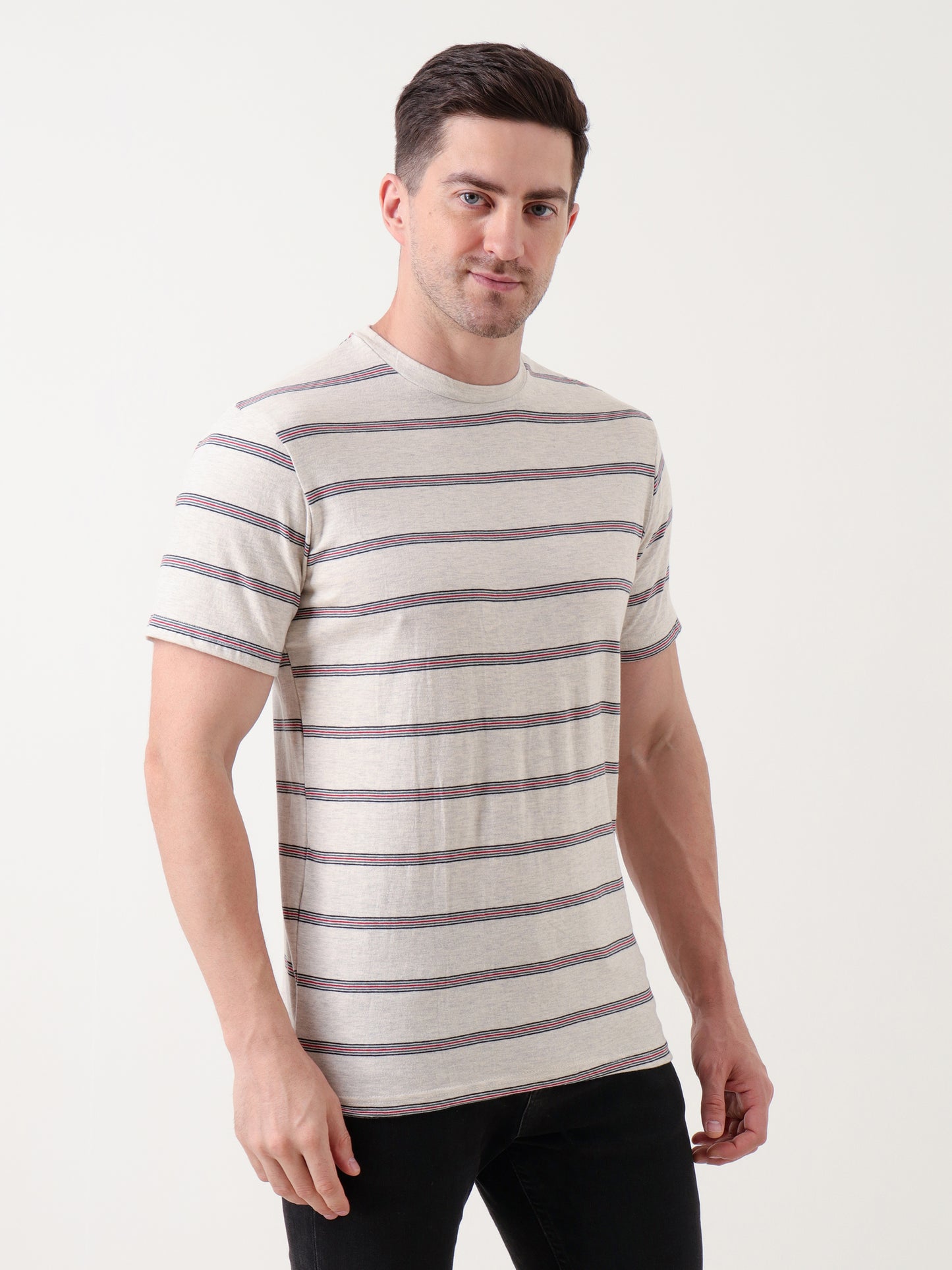 Men's Beige Crew Neck T-Shirt with Navy & Red Horizontal Stripes
