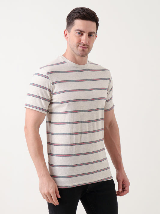 Men's Beige Crew Neck T-Shirt with Navy & Red Horizontal Stripes