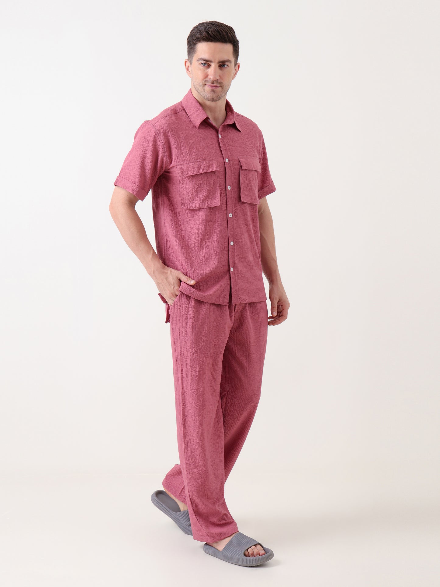 Men's Textured Coord Set in Dusty Rose – Short Sleeve Shirt & Trouser