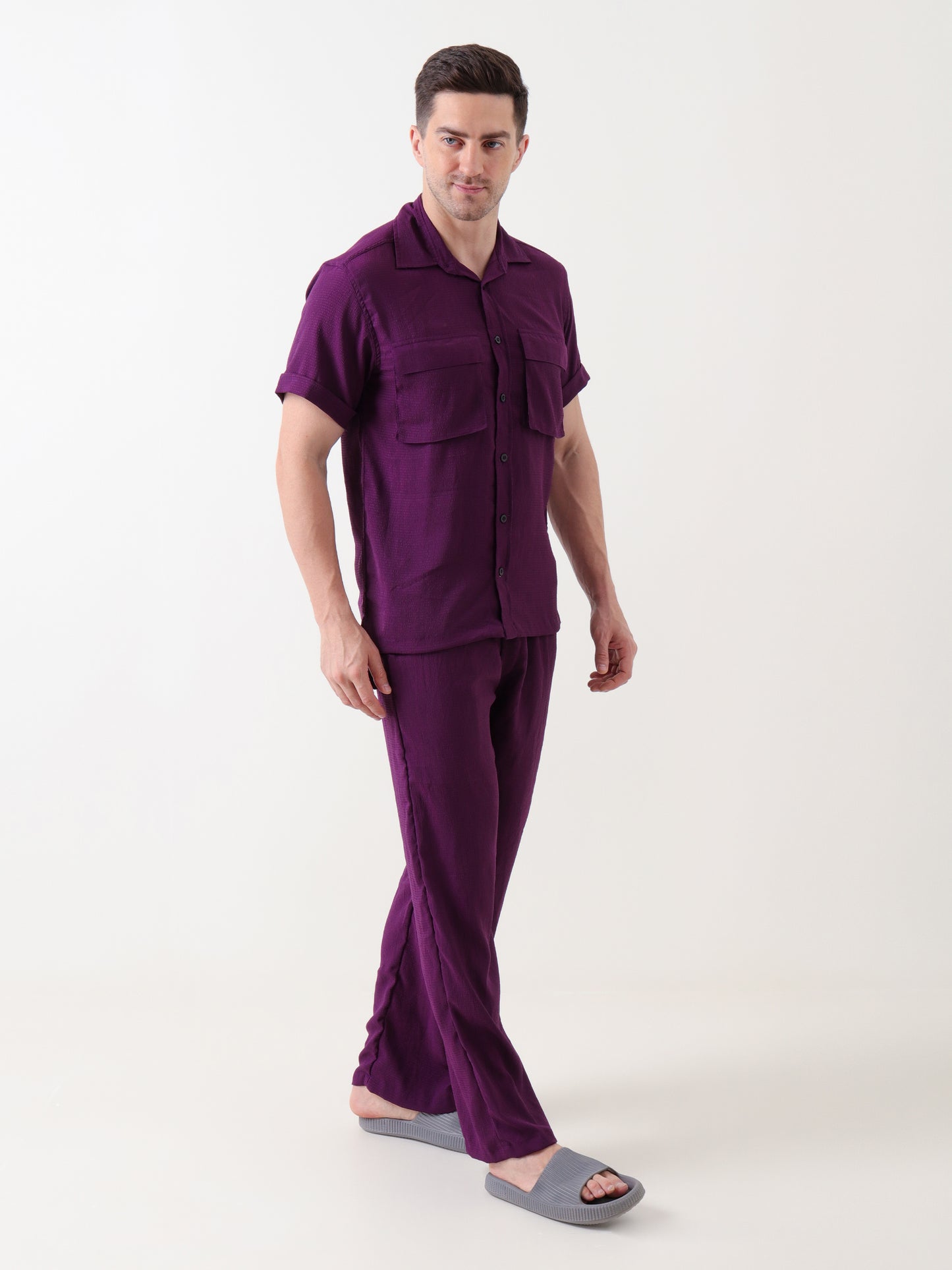 Men's Deep Purple Textured Co-ord Set – Shirt & Trousers
