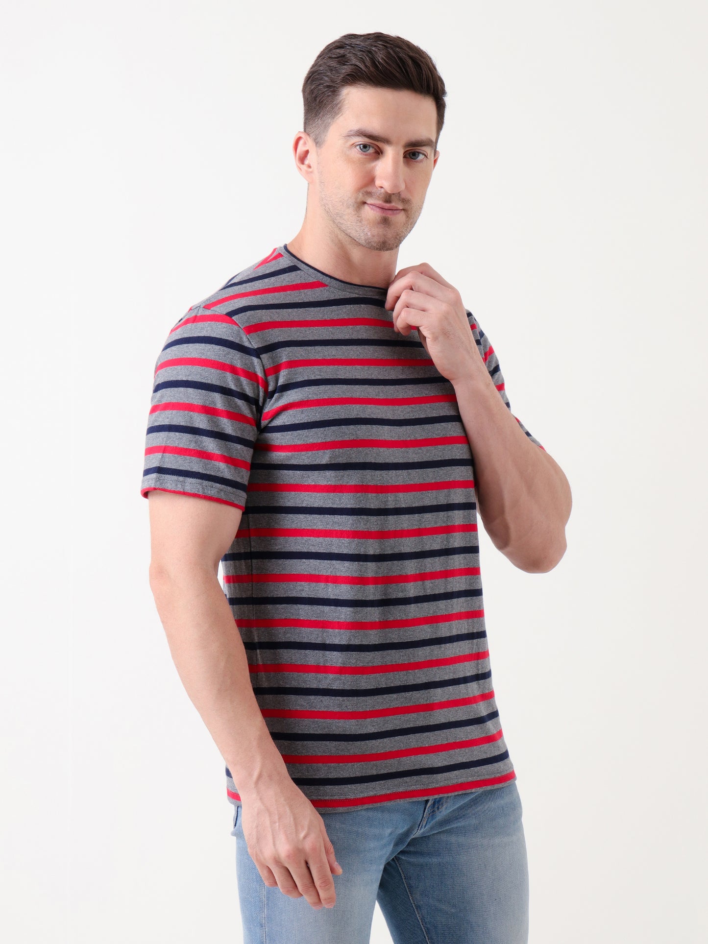 Men's Grey Striped Cotton T-Shirt – Casual Crew Neck Tee