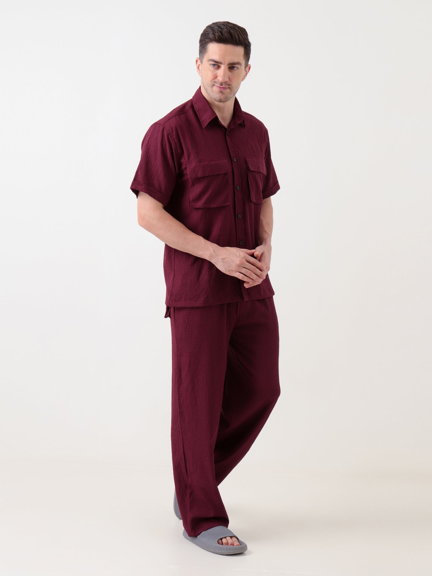 Men's Brown Textured Co-ord Set – Shirt & Trousers