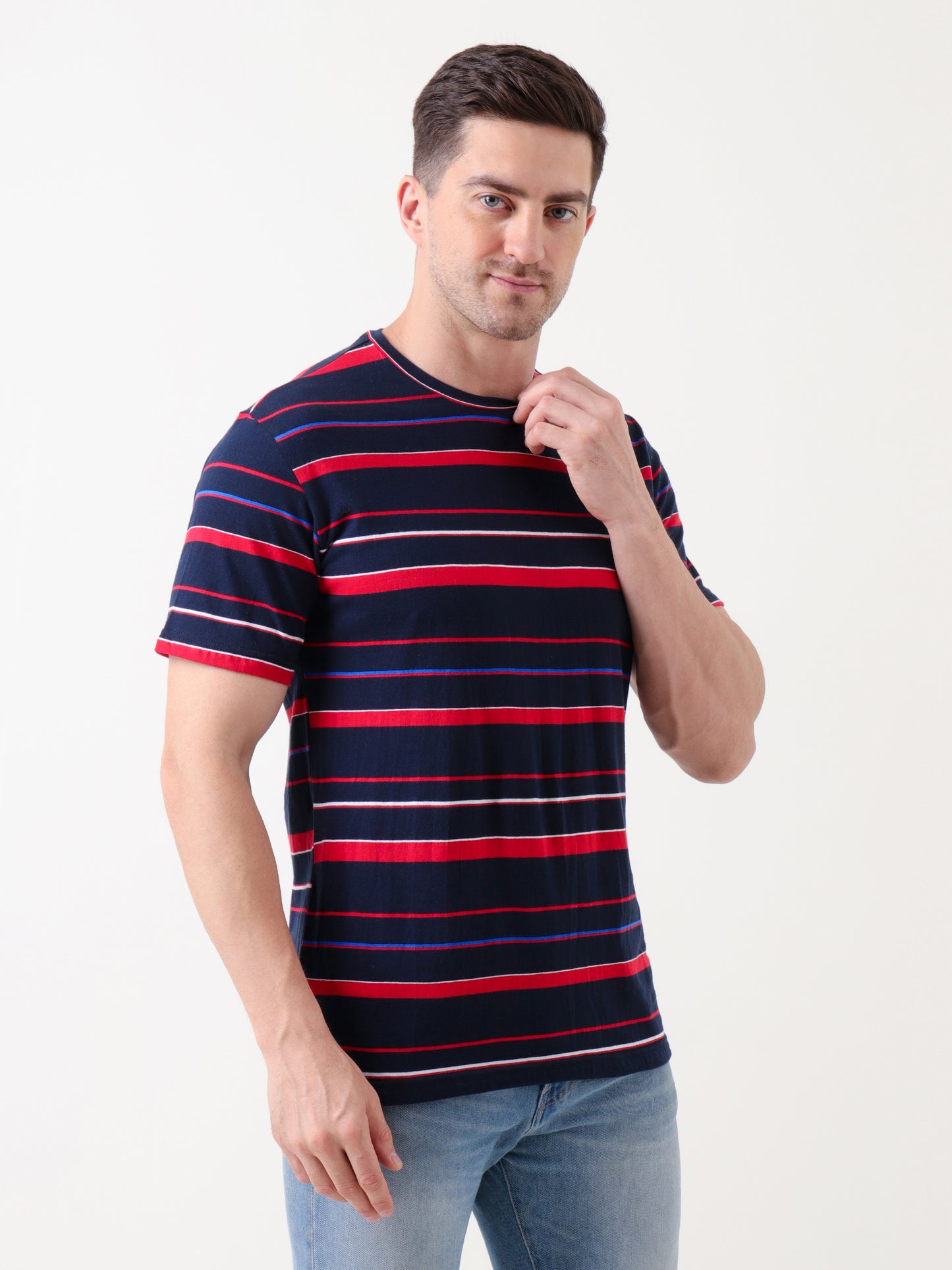 Men's Navy Blue & Red Striped Cotton T-Shirt – Casual Regular Fit