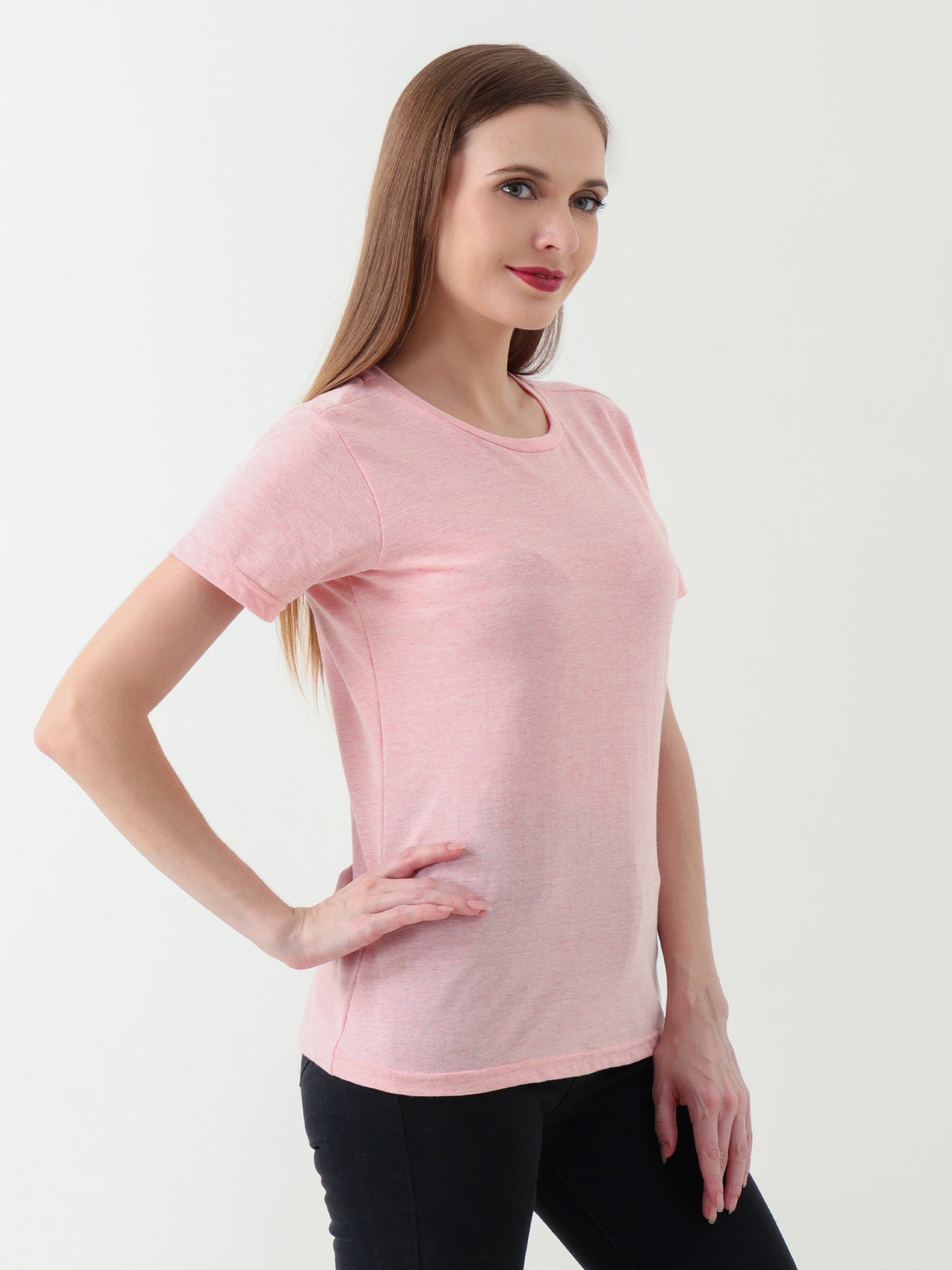 Women's Soft Pink Crew Neck T-Shirt – Lightweight Stretch Cotton Blend