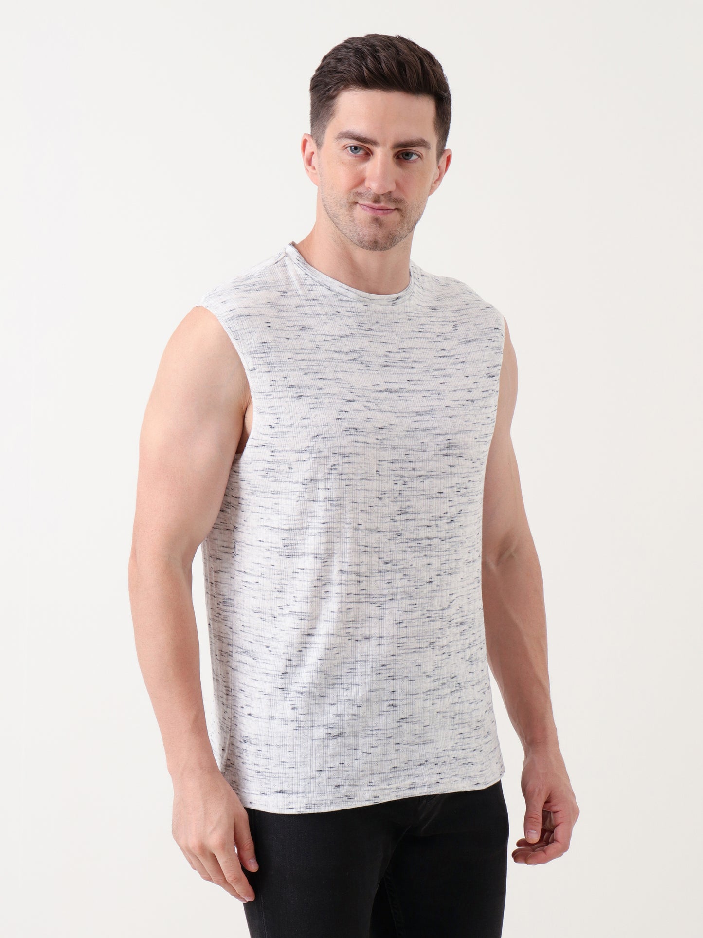 Men's Sleeveless White & Black Speckled Tank Top – Soft Knit Texture, Casual Fit