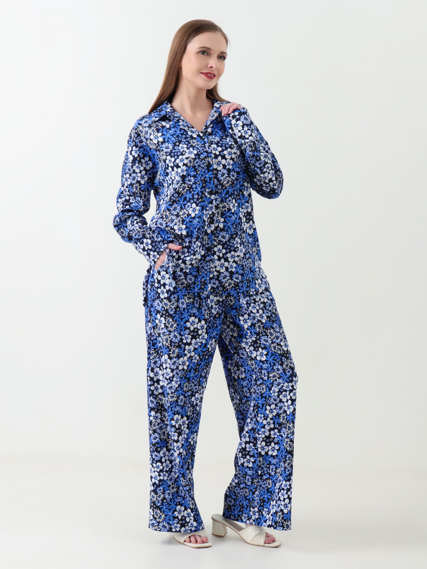 Women Coord Set Floral Royal Blue