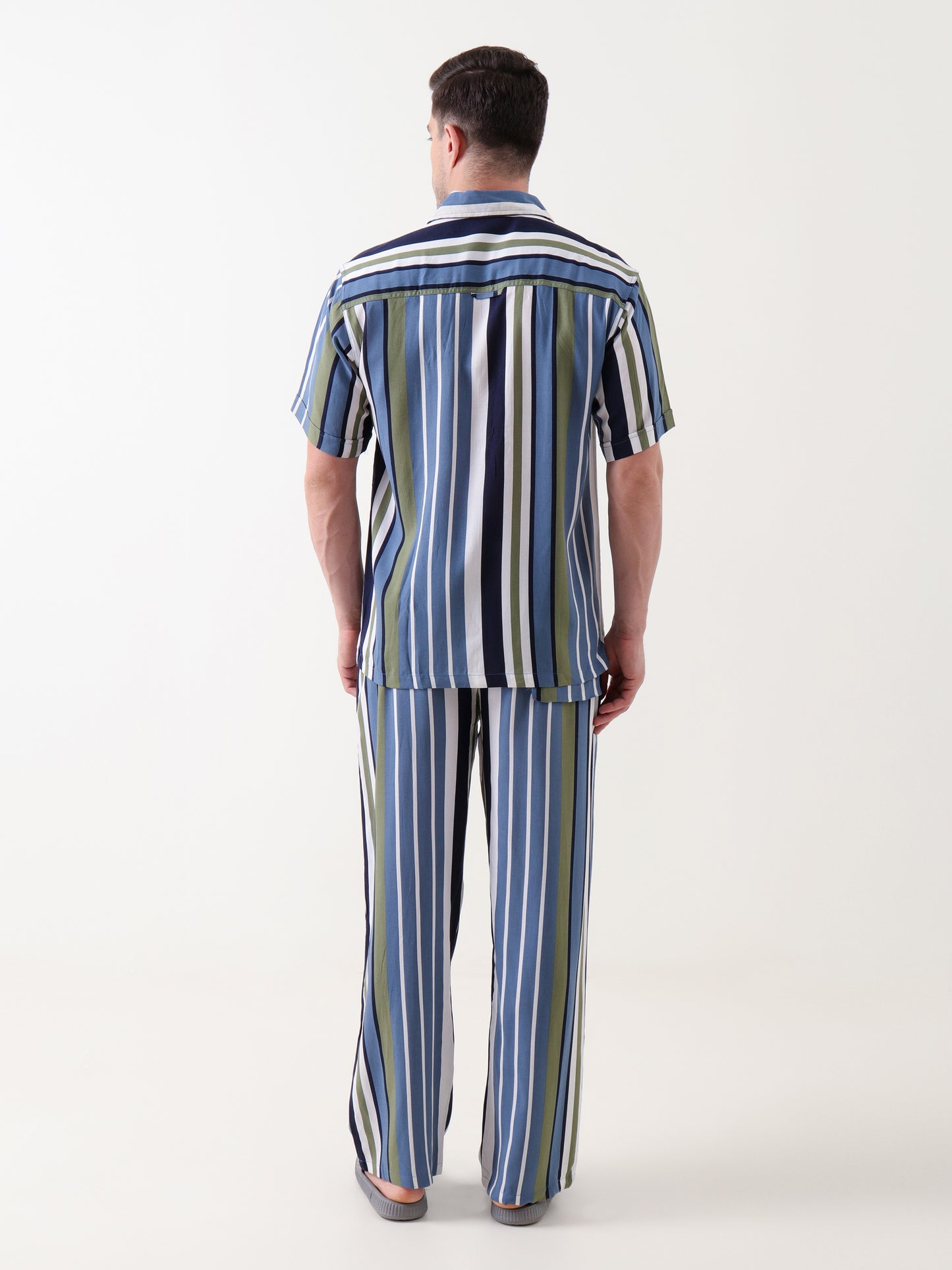 Men’s Striped Co-ord Set – Casual Button-Down Shirt & Relaxed Trousers (Navy, Olive & White)