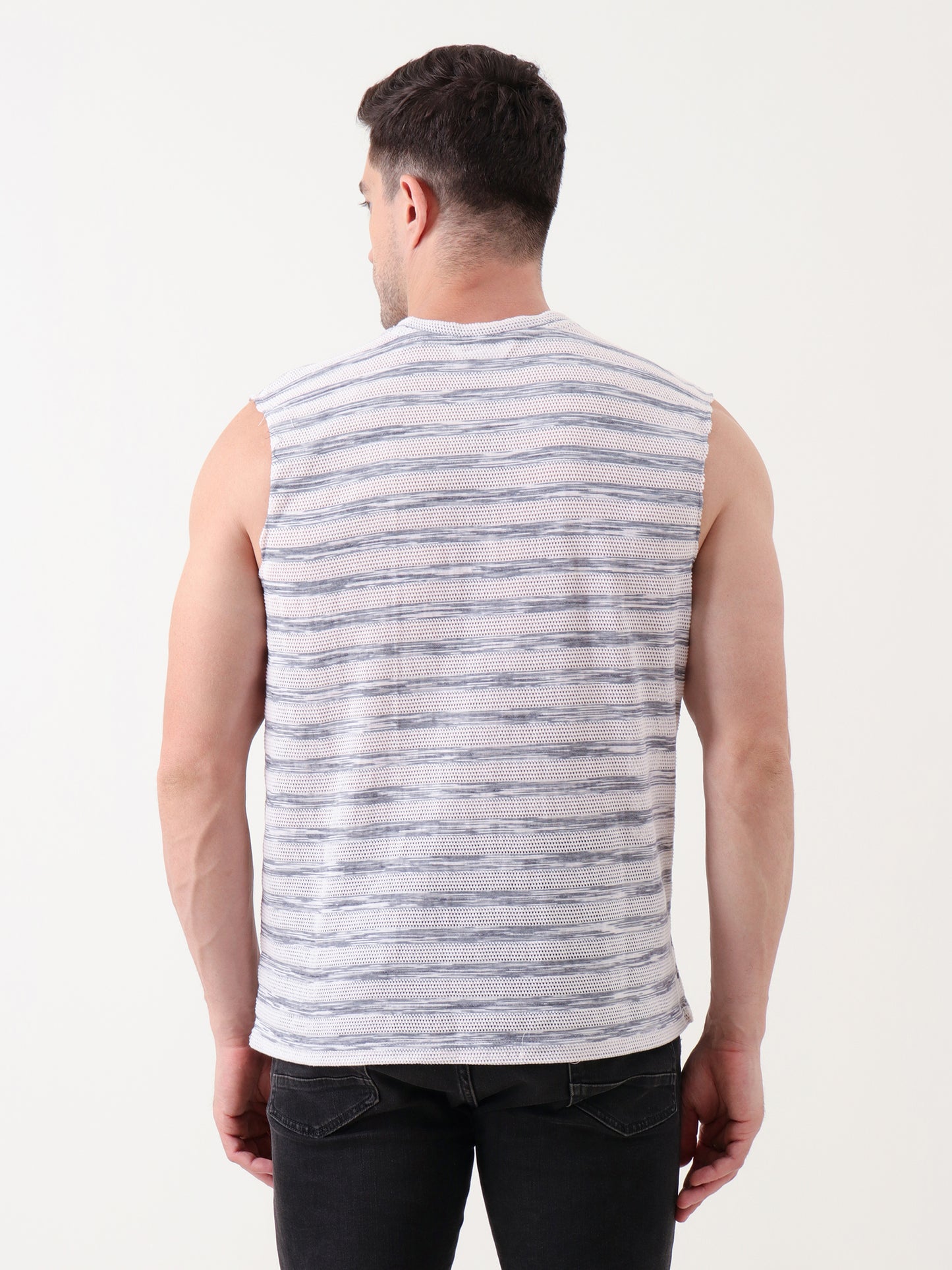 Men's Sleeveless White & Grey Striped Mesh Tank Top – Lightweight & Breathable