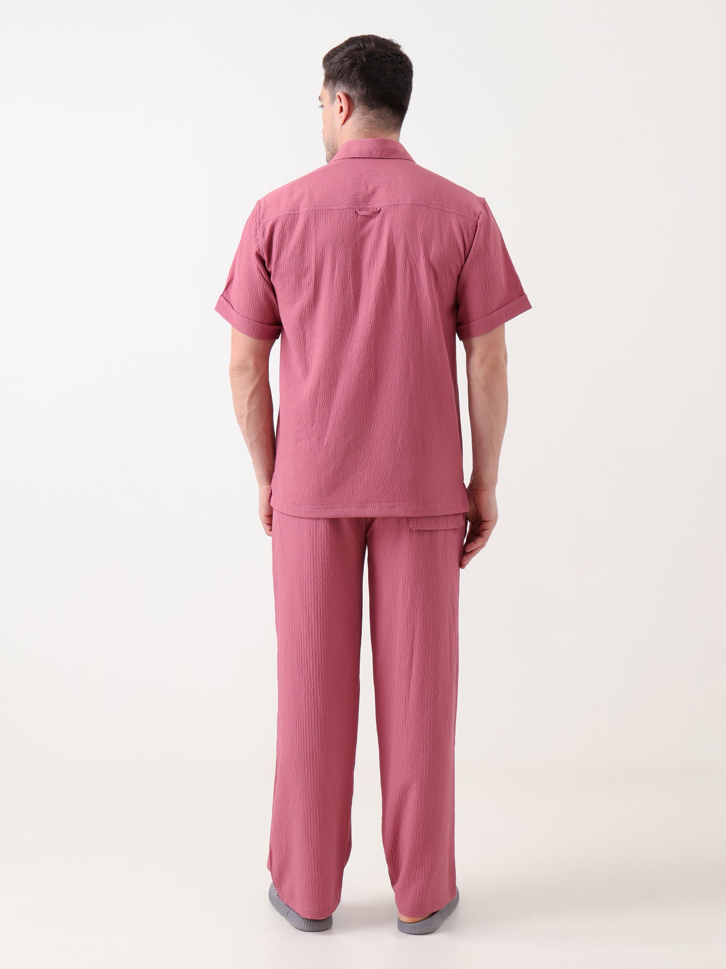 Men's Textured Coord Set in Dusty Rose – Short Sleeve Shirt & Trouser