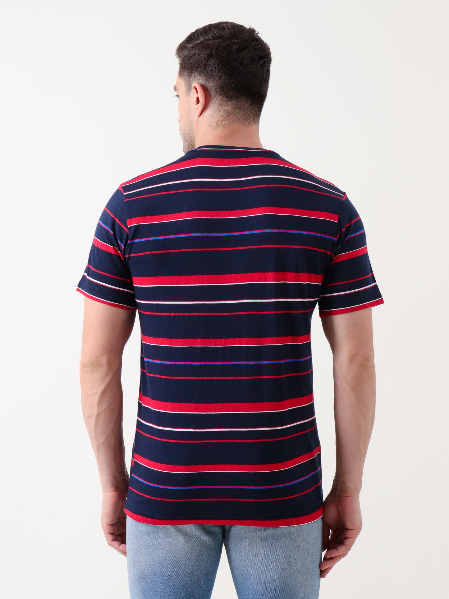 Men's Navy Blue & Red Striped Cotton T-Shirt – Casual Regular Fit