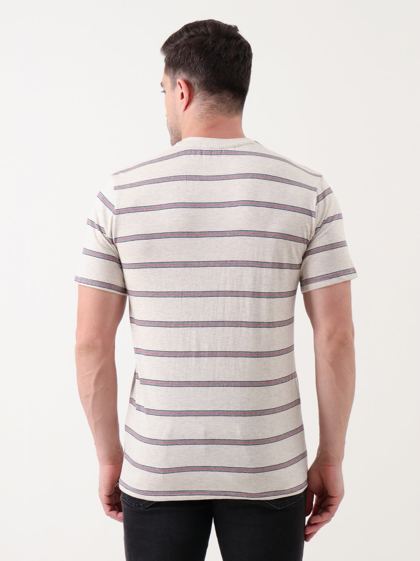Men's Beige Crew Neck T-Shirt with Navy & Red Horizontal Stripes