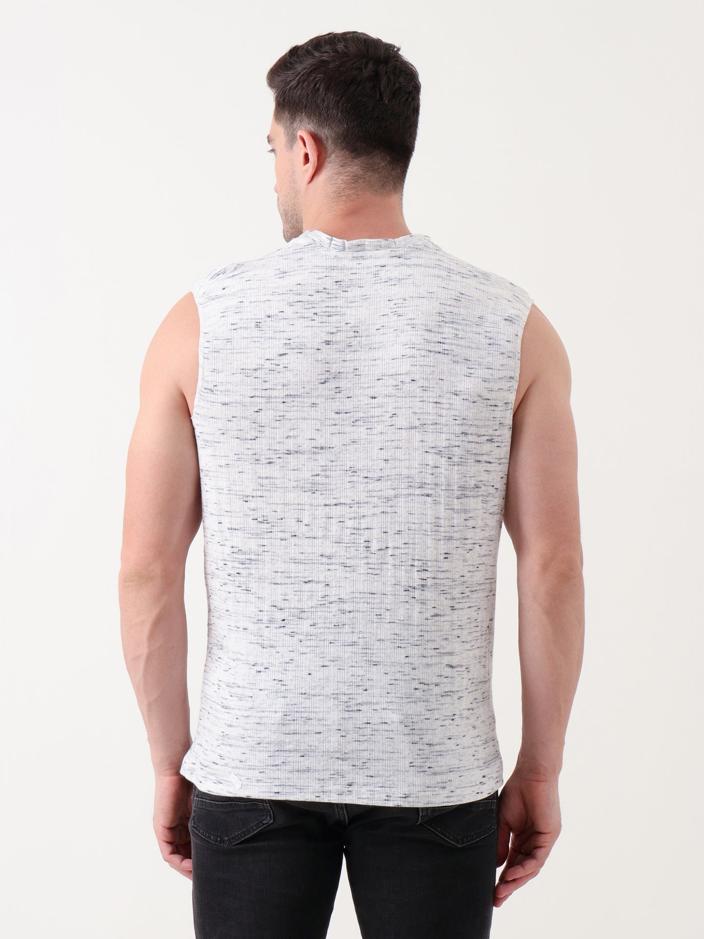 Men's Sleeveless White & Black Speckled Tank Top – Soft Knit Texture, Casual Fit