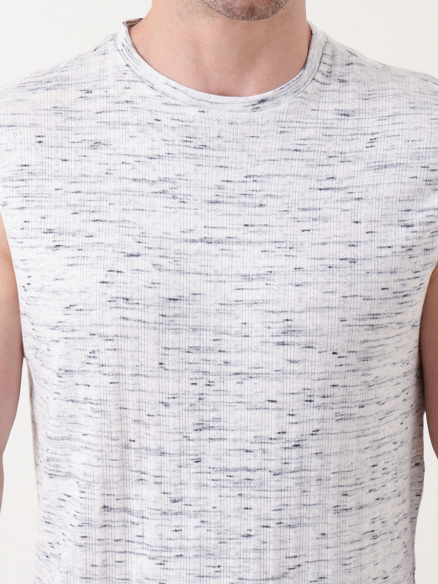 Men's Sleeveless White & Black Speckled Tank Top – Soft Knit Texture, Casual Fit