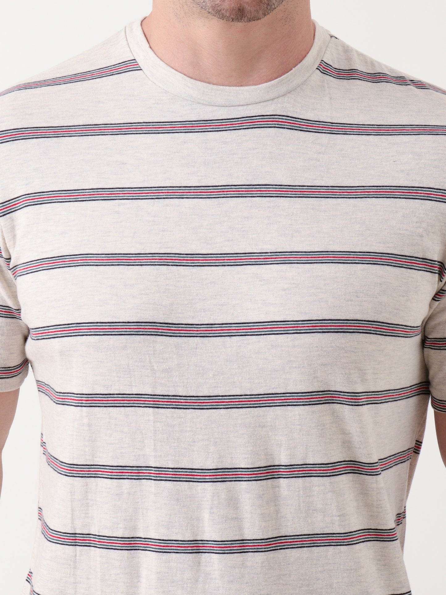 Men's Beige Crew Neck T-Shirt with Navy & Red Horizontal Stripes