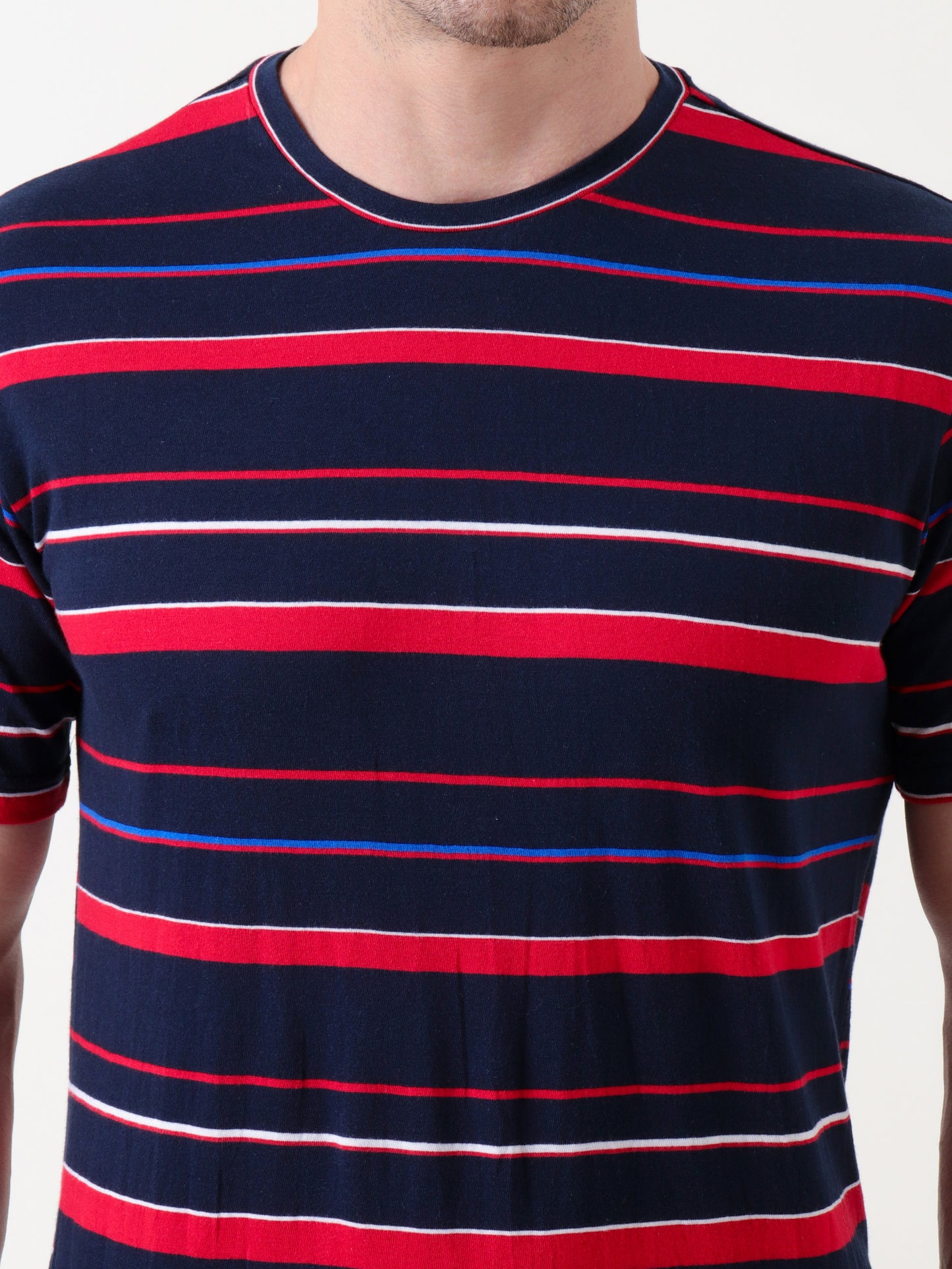 Men's Navy Blue & Red Striped Cotton T-Shirt – Casual Regular Fit