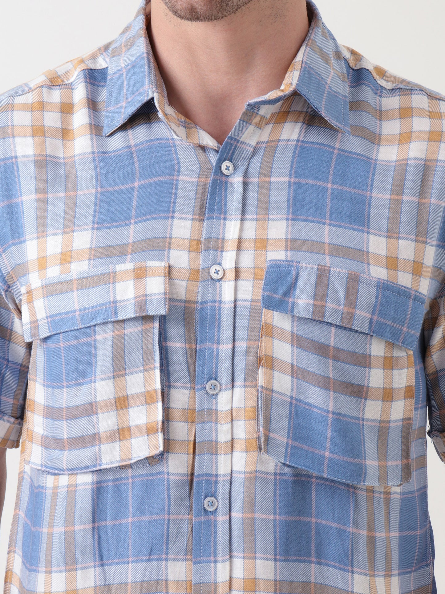 Men's Blue & Beige Checked Co-ord Set – Short Sleeve Shirt & Trouser