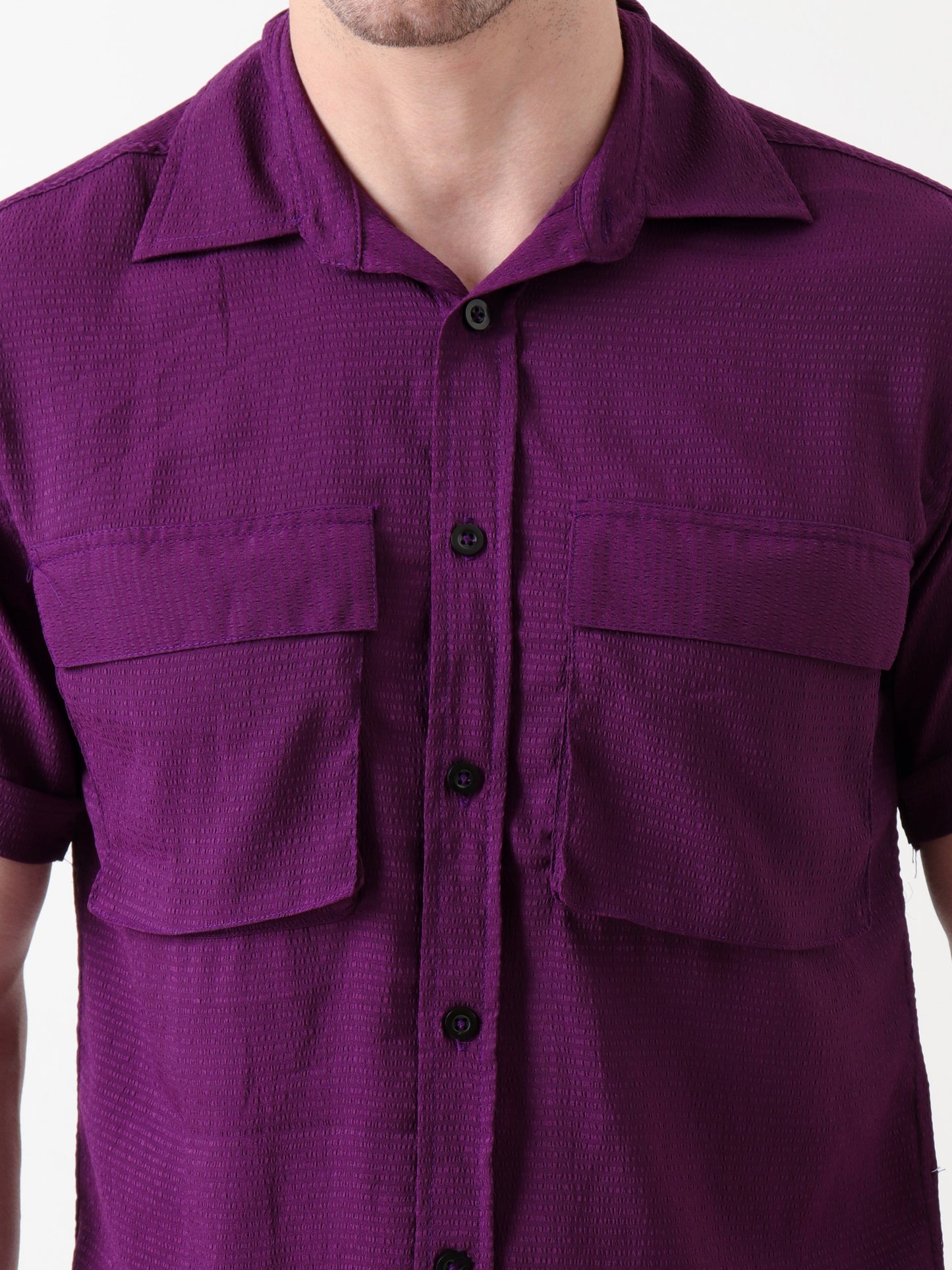 Men's Deep Purple Textured Co-ord Set – Shirt & Trousers
