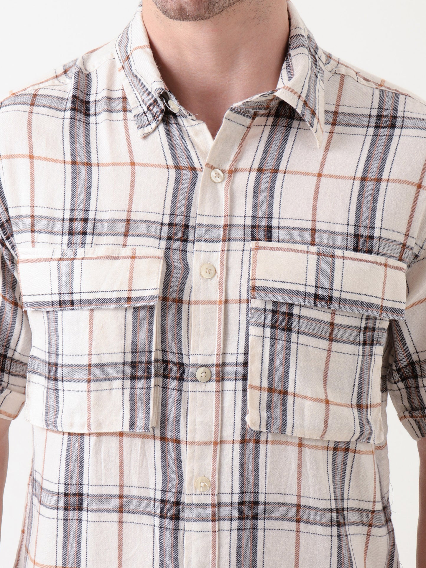 Men's Beige & Brown Checked Co-ord Set – Short Sleeve Shirt & Relaxed Trousers