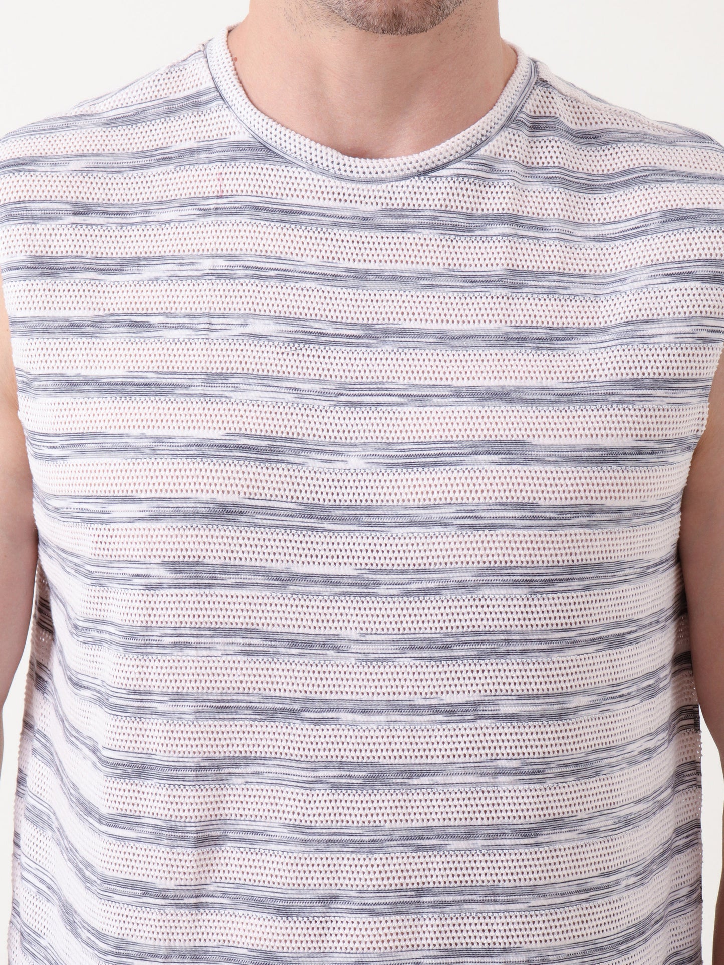 Men's Sleeveless White & Grey Striped Mesh Tank Top – Lightweight & Breathable